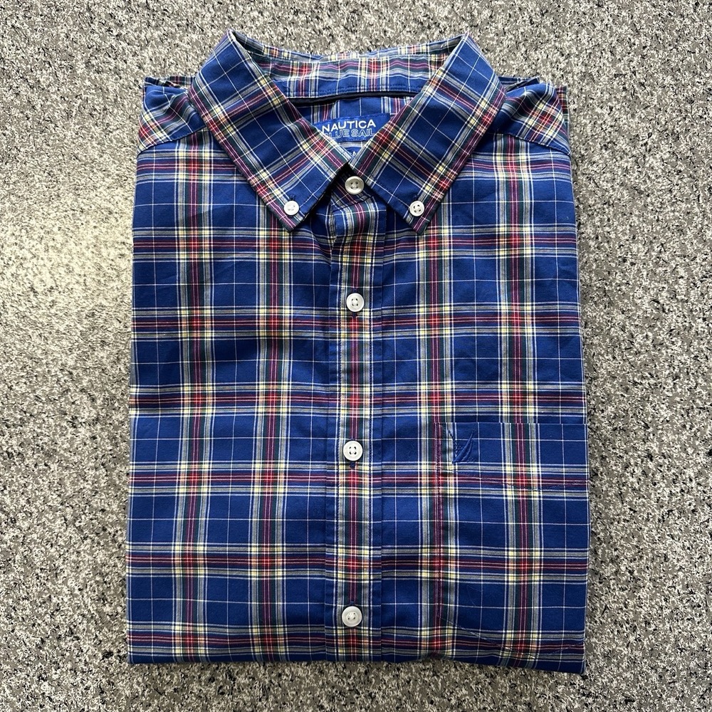 Nautica Shirt Mens L Blue Sail Button Down Flex Wrinkle Resistant Plaid Woven